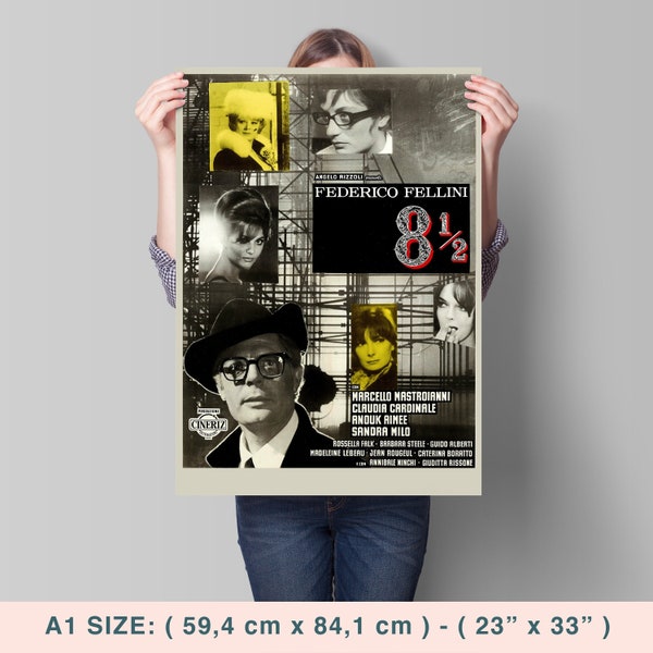 8 1/2, Federico Fellini, Marcello Mastroianni, 1963 - High Quality Vintage Movie Poster, Premium Semi-Glossy Paper