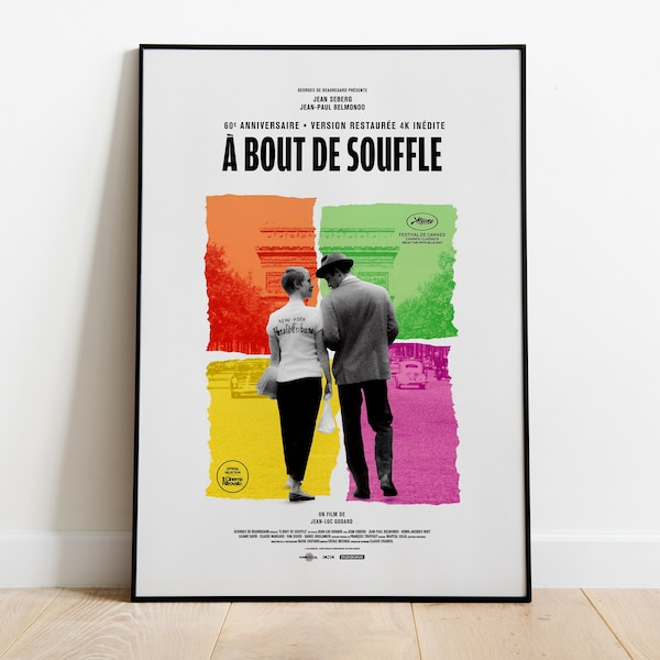 A Bout de Souffle, Breathless, Jean Luc Godard, Jean Paul Belmondo, 1960 - Affiche de film vintage de haute qualité, papier semi-glacé Premium