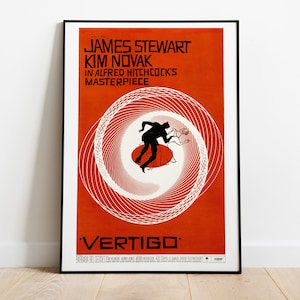 Vertigo, Alfred Hitchcock, James Stewart, 1958 - Poster di film vintage illustrato, carta semilucida premium