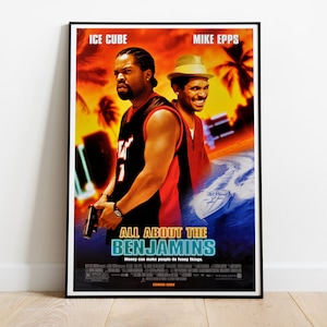 May include: A movie poster for the film "All About the Benjamins" featuring Ice Cube and Mike Epps. The poster has a bright orange, red, and yellow background with palm trees and a blue ocean. The title of the film is in large, blue, and green letters. The tagline reads "Money can make people do funny things."
