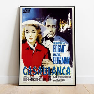Casablanca, Michael Curtiz, Humphrey Bogart, Ingrid Bergman, 1942 - Manifesto cinematografico illustrato d'epoca, carta semi-lucida di alta qualità