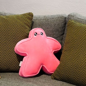 Op de afbeelding: Een roze pluche speelgoed in de vorm van een vijfpuntige ster met een cartoon gezicht. Het speelgoed heeft een chagrijnige uitdrukking met zwarte ogen en een frons.