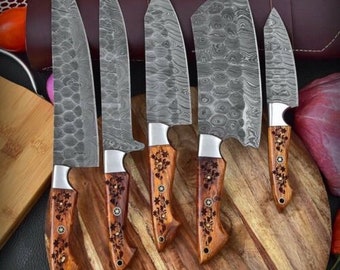 Damascus Chef Set Of 5 Piceces ,Custom Handmade Chef Set , Handmade Damascus Chef Set ,Personalized Gift For Mother , mother day gift,