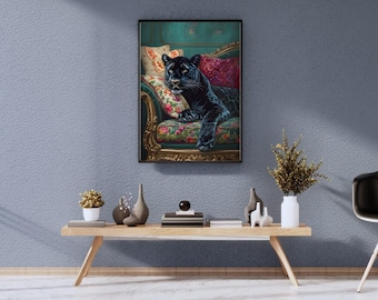 Stampa artistica di Pantera Nera, divano decorato, elegante arredamento per la casa (download digitale)