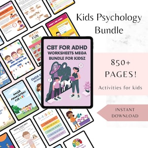Puede incluir: Un paquete digital de hojas de trabajo y actividades de psicolog&iacute;a infantil. La tableta central muestra "CBT for ADHD Worksheets Mega Bundle for Kidsz". Las tabletas circundantes muestran temas como el manejo de la ira, las afirmaciones y las t&eacute;cnicas de conexi&oacute;n a tierra. La imagen incluye el texto "850+ PAGES!" y "Descarga instant&aacute;nea."