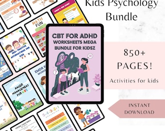 Op de afbeelding: Een digitale bundel met werkbladen en activiteiten voor kinderpsychologie. De centrale tablet toont "CBT for ADHD Worksheets Mega Bundle for Kidsz". Omringende tablets tonen onderwerpen als woedebeheersing, affirmaties en aardingstechnieken. De afbeelding bevat de tekst "850+ PAGES!" en "Direct downloaden."
