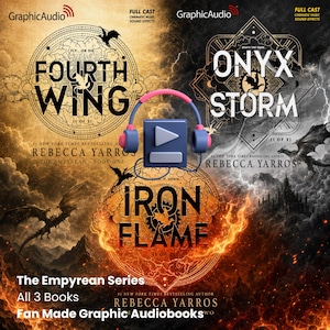 May include: A digital graphic featuring three book covers from The Empyrean series by Rebecca Yarros: Fourth Wing, Iron Flame, and Onyx Storm. A blue and pink pair of headphones sits over a play button icon in the centre. The text reads GraphicAudio.