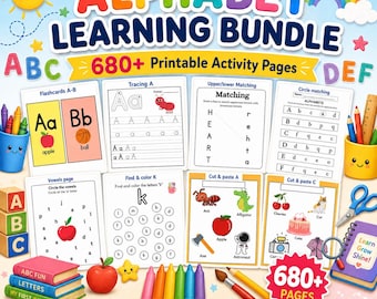 Puede incluir: Un paquete de aprendizaje del alfabeto con más de 680 páginas de actividades imprimibles para niños de 2 a 6 años. Incluye tarjetas didácticas, hojas de caligrafía, ejercicios de emparejamiento y páginas para colorear con ilustraciones.