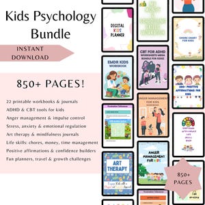 Puede incluir: Un paquete de descarga digital titulado "Kids Psychology Bundle" con m&aacute;s de 850 p&aacute;ginas de cuadernos de trabajo e diarios imprimibles. Los temas incluyen TDAH, manejo de la ira, arteterapia y habilidades para la vida. La imagen presenta varias portadas de cuadernos.