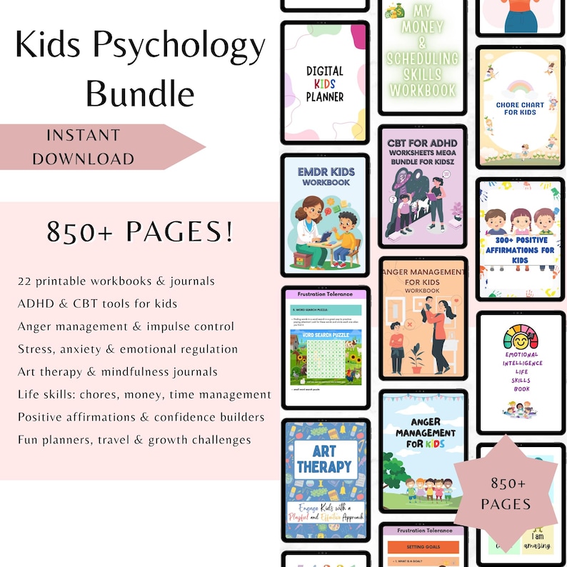 Puede incluir: Un paquete de descarga digital titulado "Kids Psychology Bundle" con m&aacute;s de 850 p&aacute;ginas de cuadernos de trabajo e diarios imprimibles. Los temas incluyen TDAH, manejo de la ira, arteterapia y habilidades para la vida. La imagen presenta varias portadas de cuadernos.