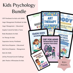 Puede incluir: Un conjunto de cuadernos de trabajo digitales sobre psicolog&iacute;a infantil, que incluye temas como TDAH, manejo de la ira y arteterapia. La imagen muestra varias tabletas con cubiertas coloridas y t&iacute;tulos como "Arteterapia" y "Body Boundaries". El paquete contiene m&aacute;s de 850 p&aacute;ginas.