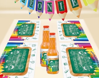 Einschulung Deko Set personalisiert – Girlande mit Name + Tischsets + Flaschenetiketten – Schulanfang Party Komplettset