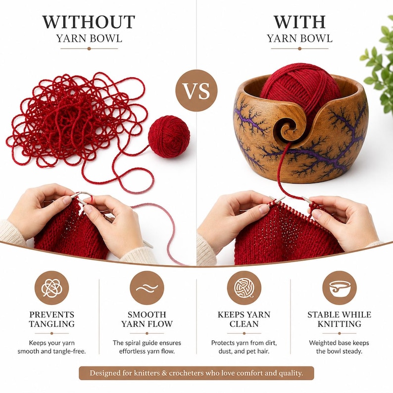 K&ouml;nnte beinhalten: Eine Vergleichsgrafik zeigt ein rotes Wollkn&auml;uel ohne Schale im Gegensatz zu einer h&ouml;lzernen Garnschale mit spiralf&ouml;rmigem Ausschnitt und rotem Garn. Der Text lautet WITHOUT YARN BOWL, WITH YARN BOWL, VS, PREVENTS TANGLING, SMOOTH YARN FLOW, KEEPS YARN CLEAN, STABLE WHILE KNITTING.