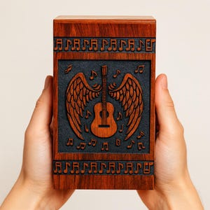 Handcrafted Wooden Cremation Urn: Engraved Guitar Design, Memorial Ashes Box