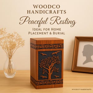 Handmade Rosewood Cremation Urn: Tree of Life, Large Wooden Ashes Box