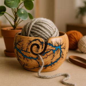 Handmade Mango Wood Yarn Bowl with Sky Blue Resin - 7x7x4