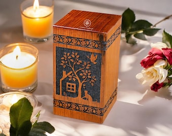 Urna funebre in legno realizzata a mano / Contenitore commemorativo per ceneri umane / Incisione sull'albero della vita, ricordo, condoglianze, decorazioni funebri