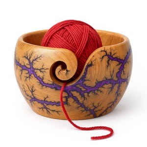 Handmade Mango Wood Yarn Bowl: Lichtenberg Resin Detail, Knitting Crochet Organizer
