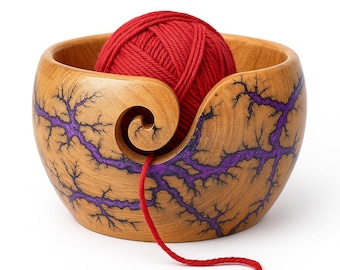 Wooden Yarn Bowl Knitting & Crochet Yarn Holder, Lichtenberg Resin Inlay, Gift for Knitters and Crocheters