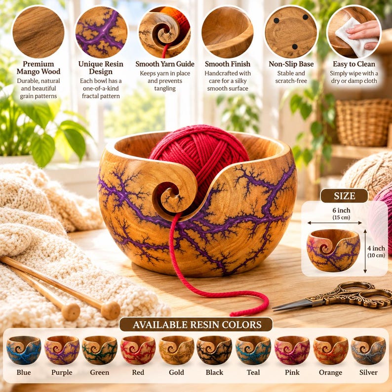 K&ouml;nnte beinhalten: Eine runde Garnschale aus Mangoholz mit violetter Fraktal-Harzeinlage und spiralf&ouml;rmigem Ausschnitt. Die Schale hat einen Durchmesser von 15 cm und eine H&ouml;he von 10 cm, mit glatter Oberfl&auml;che und rutschfestem Boden.