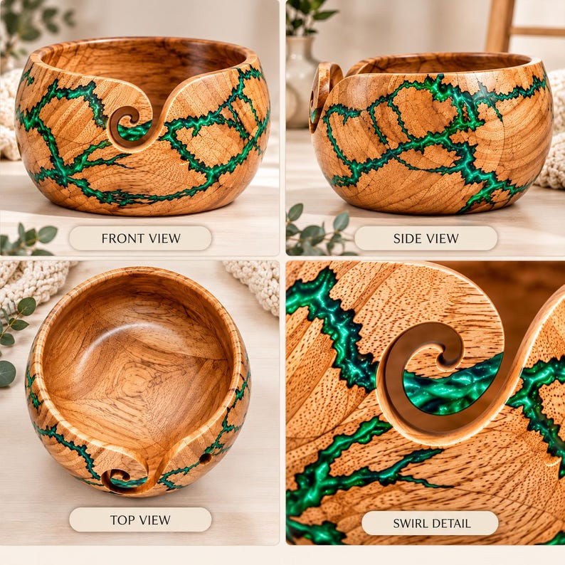 K&ouml;nnte beinhalten: Eine runde Garnschale aus Holz mit nat&uuml;rlicher Holzmaserung und komplexen, verzweigten gr&uuml;nen Harzeinlagen. Die Schale verf&uuml;gt &uuml;ber einen spiralf&ouml;rmigen Ausschnitt zur Garnf&uuml;hrung, dargestellt aus Vorder-, Seiten- und Draufsicht.