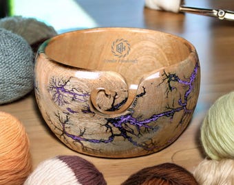 Wooden Yarn Bowl Knitting & Crochet Yarn Holder, Lichtenberg Resin Inlay, Gift for Knitters and Crocheters