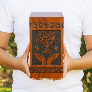 Handmade Rosewood Cremation Urn: Tree of Life Wooden Ashes Box, Large 250 cu/in