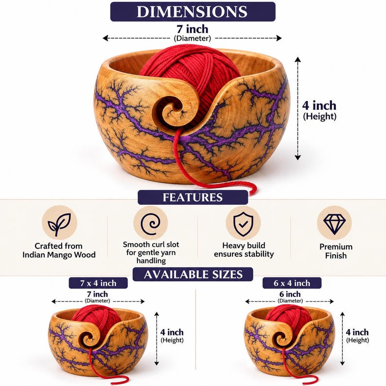 K&ouml;nnte beinhalten: Eine runde Garnschale aus indischem Mangoholz mit violettem Fraktalmuster, einem glatten Spiralschlitz und einem roten Garnkn&auml;uel. Die Schale hat einen Durchmesser von 17,78 cm und eine H&ouml;he von 10,16 cm, mit einer 15,24 cm Option.