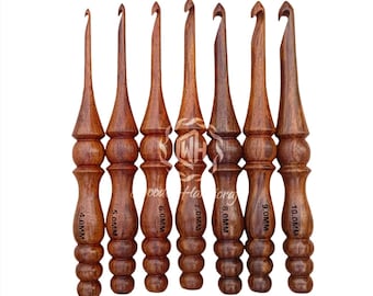 May include: Set of eight wooden crochet hooks in varying sizes, ranging from 4.0MM to 10.0MM. Each hook features a dark brown, polished finish with a unique, ergonomic design. The hooks are labeled with their respective sizes.
