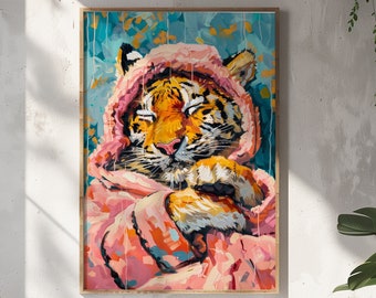 Póster de tigre maximalista, arte de pared para baño y dormitorio, decoración de dopamina, estética kitsch rosa, impresión de tigre en el baño, arte de pared preppy