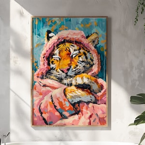 Maximalist Tiger Poster, Bathroom&Bedroom Wall Art, Dopamine Decor, Pink Kitsch Aesthetic, Tiger In a Bath Print, Preppy Wall Art