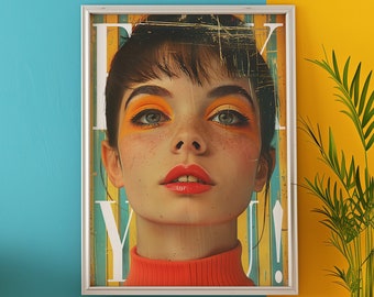 Descarga digital de arte pop de los 70, vaquera costera, arte mural de moda, impresión moderna de los 70, revistas retro, póster inspirador, portada de revista