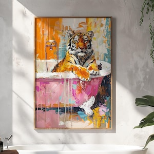 Tiger Poster, Maximalist Dopamine Decor, Pink Kitsch Aesthetic, Tiger In a Bath Print, Preppy Wall Art, Trendy Decor