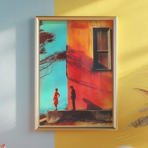 Impresión de pareja retro de los años 70, póster vintage, felicidad naranja y azul, arte de pared de tendencia, póster de escena triste, decoración retro, estilo vintage