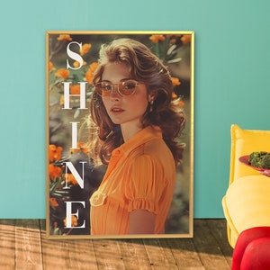 Arte pop de los años 70, chica con flores naranjas, impresión moderna de los años 70, impresión fotográfica vintage, felicidad naranja, arte mural de moda, vaquera costera, portada de revista
