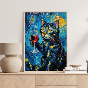 Póster impreso de gato con vino al estilo Van Gogh, póster impreso de gato de la noche estrellada, regalo para amantes de los gatos, opción de impresión de bellas artes, póster de gato de fantasía