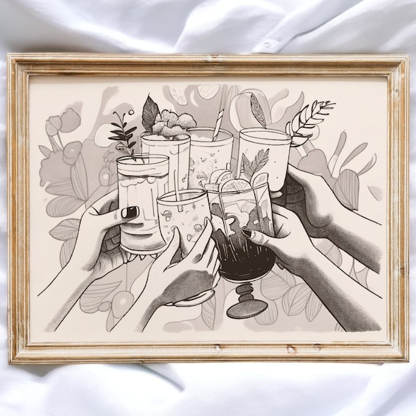 Hands Holding Drinks | Sketch Style Digital Art | Muted Tones | Hands and Drinks | Digital download | Wall Art Printable, Organic Forms