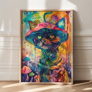Psychedelic Cat Art, Digital Download, Dopamine-boosting Wall Art, Mushrooms with Vibrant Colors, Colorful Watercolor Painting, Trendy Art