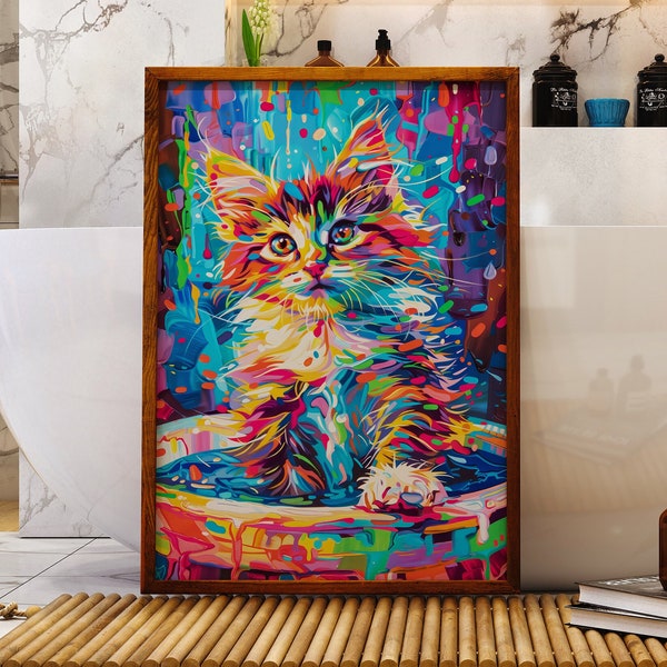 Psychedelic Cat Printable Wall Art, Pop Art Cat Print! Download Print & Use for Mobile Backround, Bathroom Print, Whimsical Decor