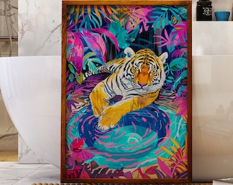 Maximalist Tiger Poster: Dopamine Decor, Trendy Tiger Print, Dopamine Decor, Wall Art Prints Trendy, Art Prints, Colorful Art, Bath Print