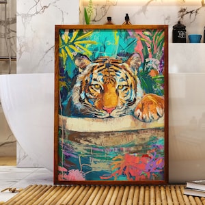 Tiger In a Bath Print, Jungle Majesty: Tiger Bathroom Print, Maximalist Dopamine Decor, Kitsch Aesthetic, Preppy Wall Art, Trendy Decor