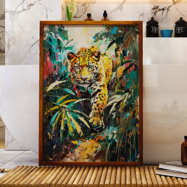 Panter in the Jungle Wall Art Print, Maximalist Decor, Knife Painting with Warm Colors, Colorful Bathroom Print, Jungle Vibes, PRINTED