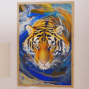 Stampa artistica con ritratto di tigre vibrante, potente decorazione da parete con animali selvatici, stampa con illustrazione di tigre audace, varie dimensioni e scelta di carta