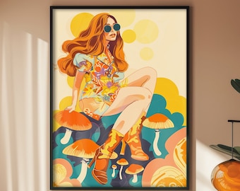 Impresión hippie, impresión psicodélica de los 70, decoración de los 70, impresión floral de los 70, decoración retro del hogar de los 70, arte mural de los 70, arte con hongos