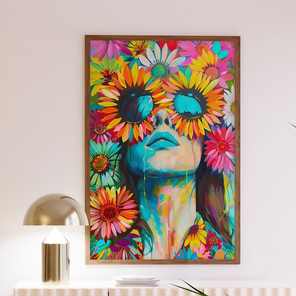 Retro 70s Home Decor, Colorful Flower Hippie Girl, 70s Gouache Art Print, 70s Decor, 70s Floral Pattern Print, 70s Wall Art, Dopamin Art