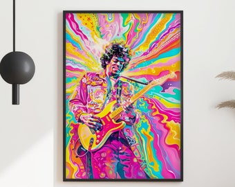 Psychedelische Jimi Hendrix-print, rock-'n-roll-pictogram, muzikantprint, psychedelische kunst, rockconcertposter, cadeau voor muziekliefhebbers