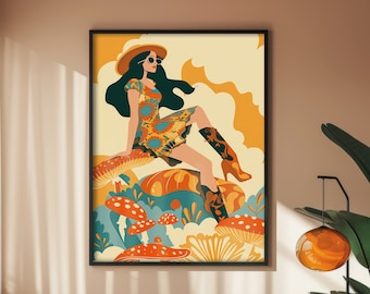 Impresión psicodélica de los 70, impresión hippie, decoración de los 70, impresión floral de los 70, decoración retro del hogar de los 70, arte mural de los 70, arte con hongos