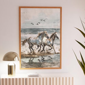Wilde Pferde laufend Kunstdruck, Küstenstrand Dekor, Ozean Szene Poster, Küstenstrand Wandkunst, rustikale Stil Wanddekoration