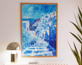 Santorini Aquarell Druck, Wandkunst der griechischen Insel, lebhaftes Mittelmeer Kunstdruck, Wasserdorf Druck, Aquarellmalerei