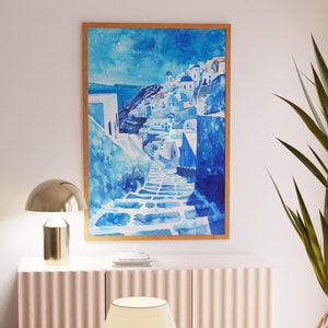 Santorini Watercolor Print, Greek Island Wall Art, Vibrant Mediterranean Art Print, Nautical Village Print, Watercolor painting
